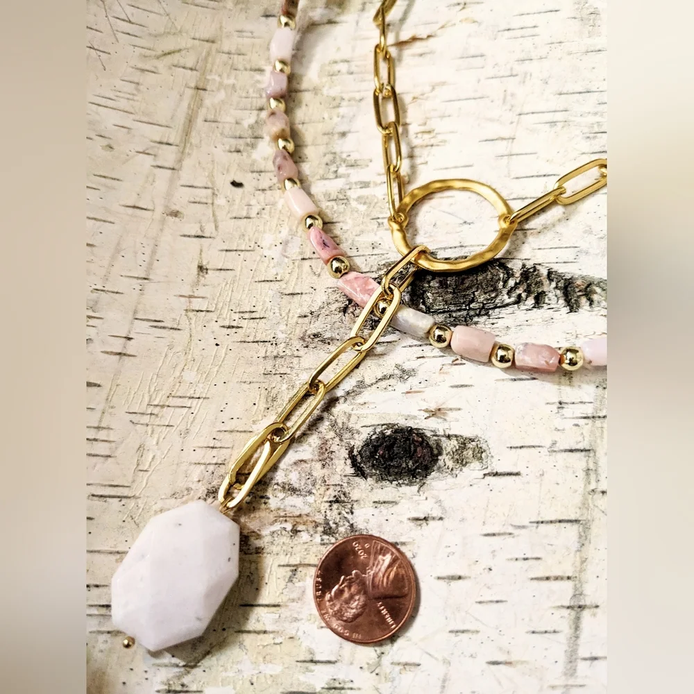 Natural Peruvian Pink Opal Beads & Pendant In Two Strand Paperclip Necklace
